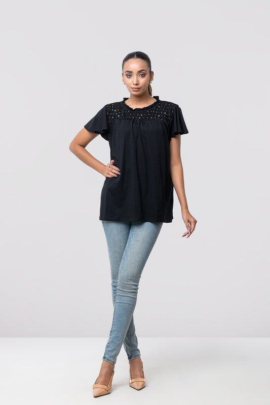 Regular Fit Cap Sleeve T-Shirt with Sequin Front Yoke