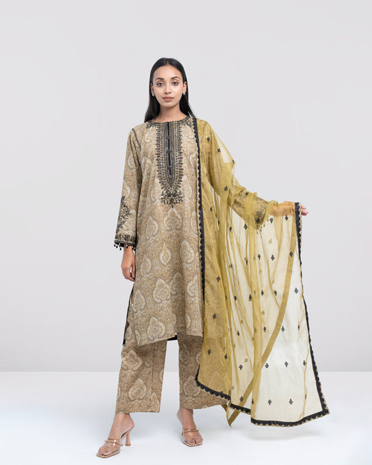 Relaxed Fit Embroidered Three-Piece Lawn with Organza Dupatta