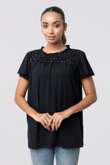 Regular Fit Cap Sleeve T-Shirt with Sequin Front Yoke