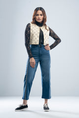 Allover Printed Short-Length Vest-Style Bolero Top