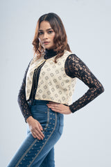 Allover Printed Short-Length Vest-Style Bolero Top