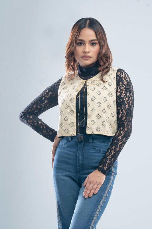 Allover Printed Short-Length Vest-Style Bolero Top