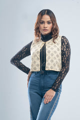 Allover Printed Short-Length Vest-Style Bolero Top
