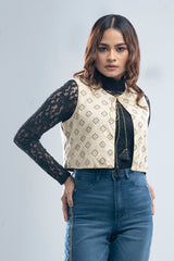 Allover Printed Short-Length Vest-Style Bolero Top