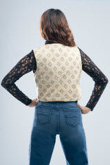 Allover Printed Short-Length Vest-Style Bolero Top