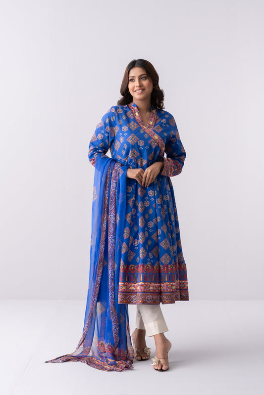 Ready-to-Wear Two-Piece Angrakha Flared Lawn with Chiffon Dupatta