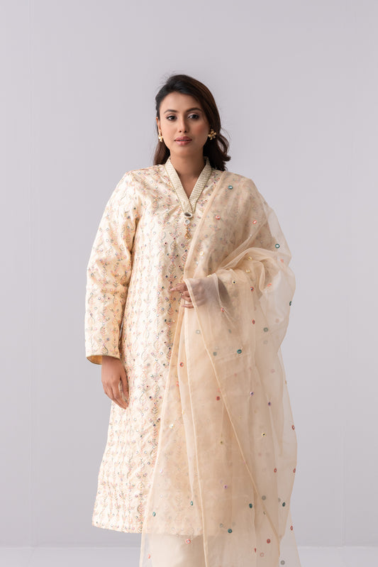 Heavy Embellished Three-Piece Formal Ethnic Set with Organza Dupatta