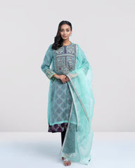Smart Fit Embroidered Muslin Three-Piece Formal Ethnic Set with Organza Dupatta