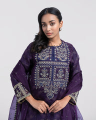 Smart Fit Embroidered Muslin Three-Piece Formal Ethnic Set with Organza Dupatta