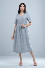 Classic Shirt-Patterned V-Neck Dress