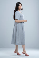 Classic Shirt-Patterned V-Neck Dress