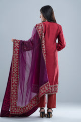 Smart Fit Embroidered Formal Two-Piece Ethnic Set with Organza Dupatta