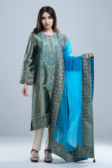 Smart Fit Embroidered Formal Two-Piece Ethnic Set with Organza Dupatta