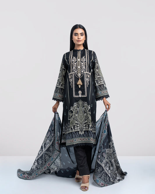 Relaxed Fit Printed Three-Piece Lawn with Silk Dupatta