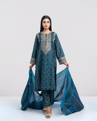 Relaxed Fit Embroidered Three-Piece Lawn with Silk Dupatta