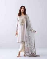 Smart Fit Embroidered Two-Piece Semi Formal Ethnic Set with Organza Dupatta