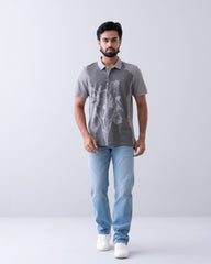 Relaxed Fit Placement Pigment Printed Polo Shirt