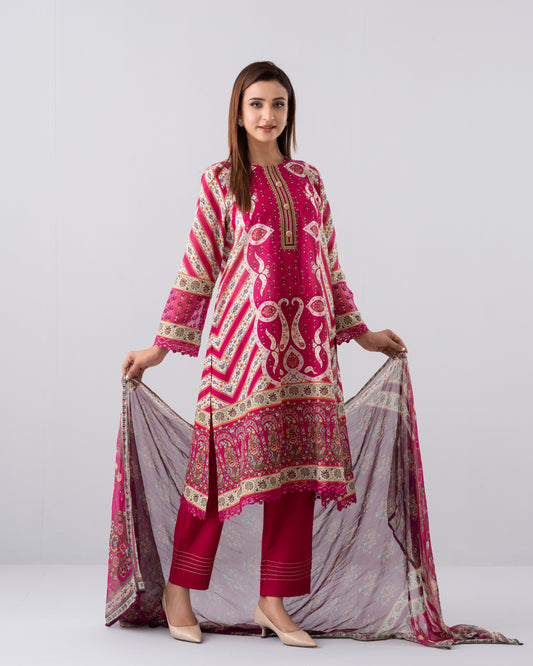 Smart Fit Digital Printed Three-Piece Lawn with Chiffon Dupatta