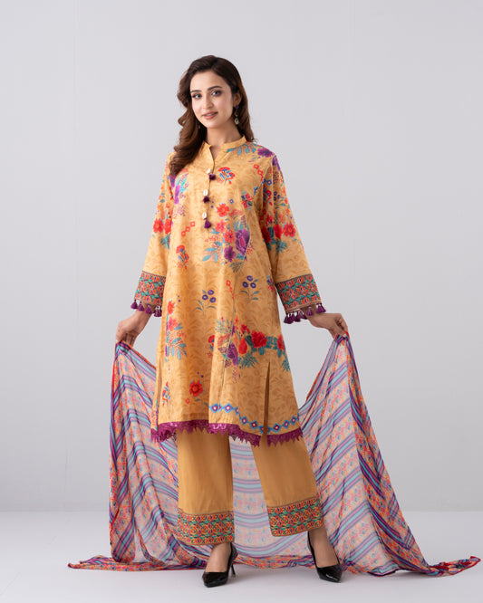 Relaxed Fit Digital Printed Three-Piece Lawn with Chiffon Dupatta