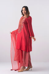 Smart Fit Embroidered Three-Piece Ethnic Set with Organza Dupatta