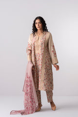 Relaxed Fit Floral Printed Three-Piece Ethnic Set with Organza Dupatta