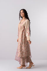 Relaxed Fit Floral Printed Three-Piece Ethnic Set with Organza Dupatta