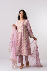 Relaxed Fit Floral Printed Three-Piece Ethnic Set with Organza Dupatta