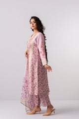 Relaxed Fit Floral Printed Three-Piece Ethnic Set with Organza Dupatta