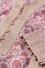 Relaxed Fit Floral Printed Three-Piece Ethnic Set with Organza Dupatta
