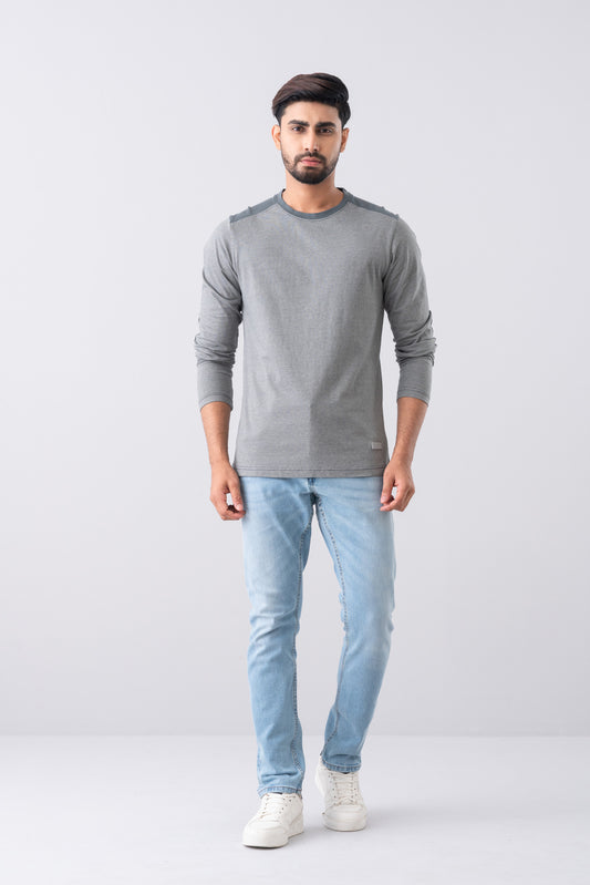 Regular Fit Long Sleeve Micro Stripe Elbow Patch T-Shirt