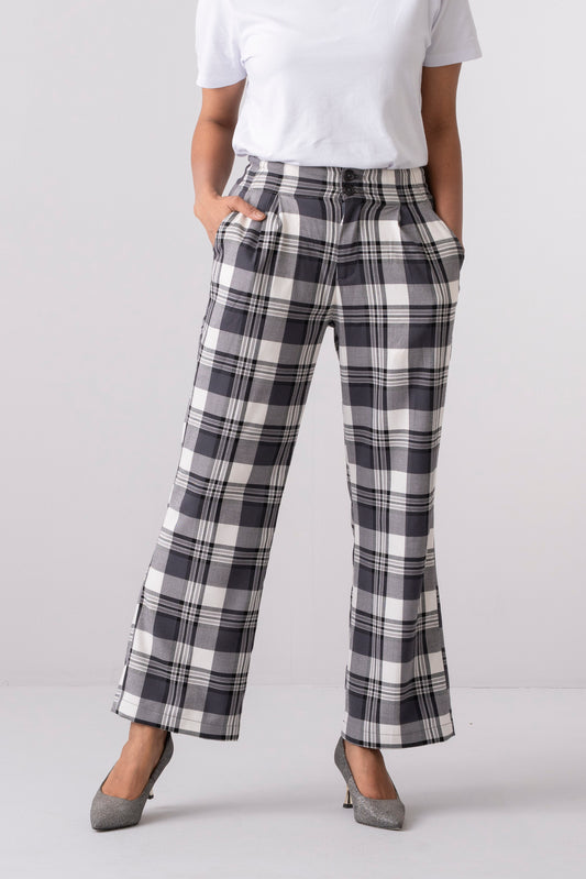 Straight Fit High-Waist Checkered Twill Pants