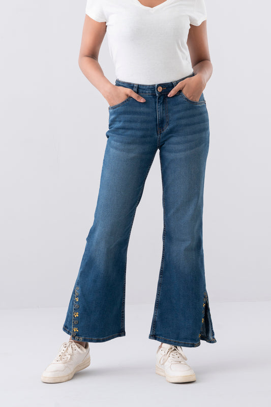 Embroidered Bell Bottom Denim