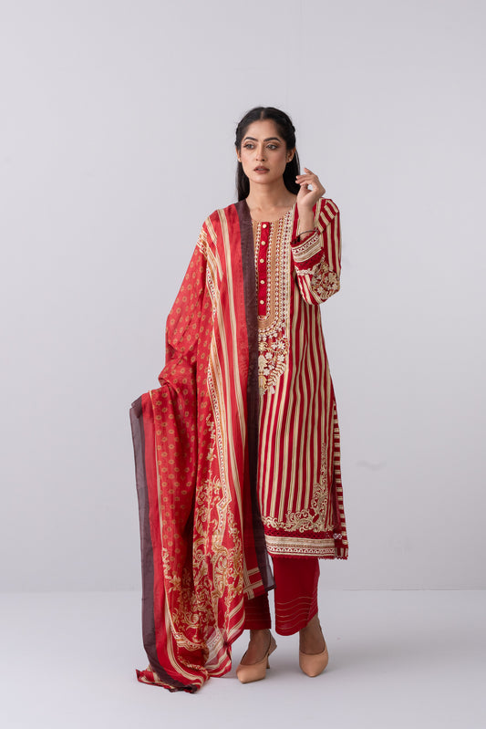 Metallic Printed Three Piece Lawn Suit