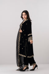 Smart Fit Embroidered Three-Piece Velvet Ethnic Set with Organza Dupatta