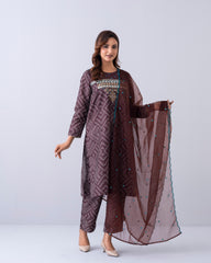 Smart Fit Embroidered Three-Piece Semi-Formal Ethnic Set with Organza Dupatta
