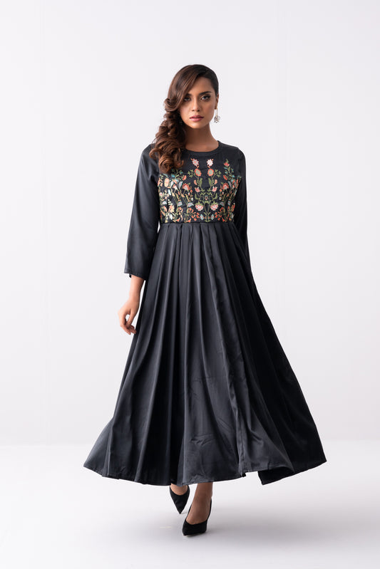 Floral Embroidered Satin Long Dress
