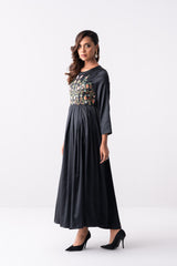 Floral Embroidered Satin Long Dress