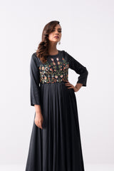 Floral Embroidered Satin Long Dress