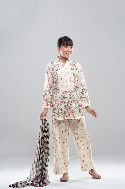Relaxed Fit Printed Three-Piece Princess Lawn with Chiffon Dupatta (10-14 Years)