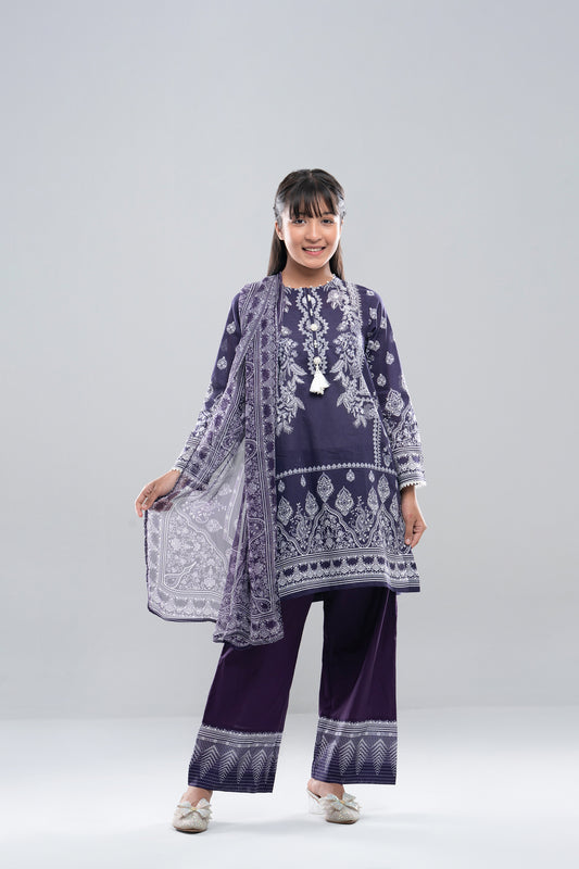 Smart Fit Printed Three-Piece Princess Lawn with Chiffon Dupatta (10-14 Years)