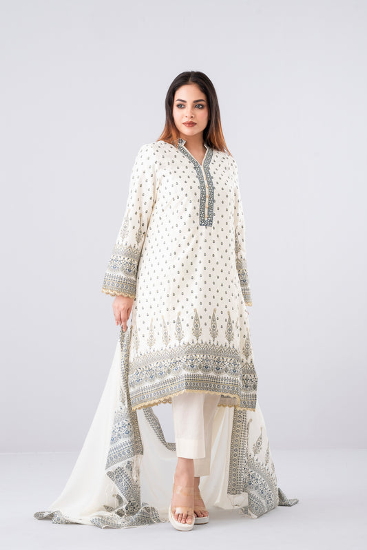 Smart Fit Embroidered Two-Piece Ethnic Set with Silk Dupatta