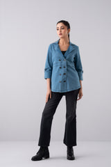 Double-Breasted Mid-Washed Denim Jacket