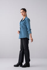 Double-Breasted Mid-Washed Denim Jacket