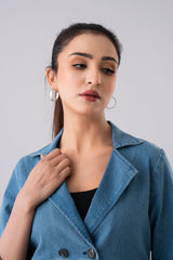 Double-Breasted Mid-Washed Denim Jacket