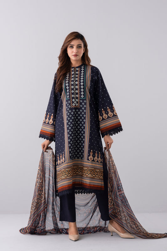 Relaxed Fit Khaddar Three-Piece Lawn with Chiffon Dupatta