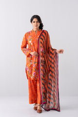Relaxed Fit Printed Three-Piece Lawn with Chiffon Dupatta