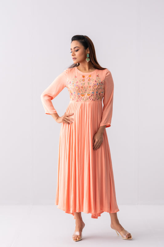 Floral Embroidered Satin Long Dress