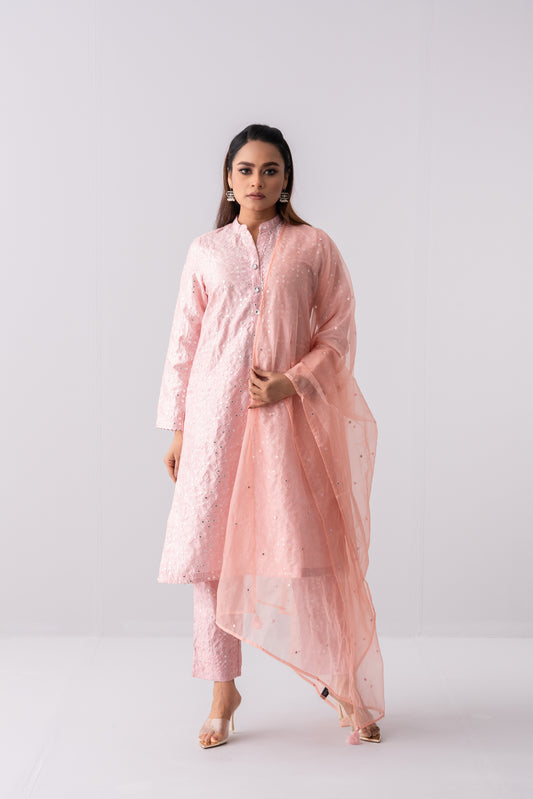 Ready-to-Wear Three-Piece Formal Ethnic Set with Organza Dupatta