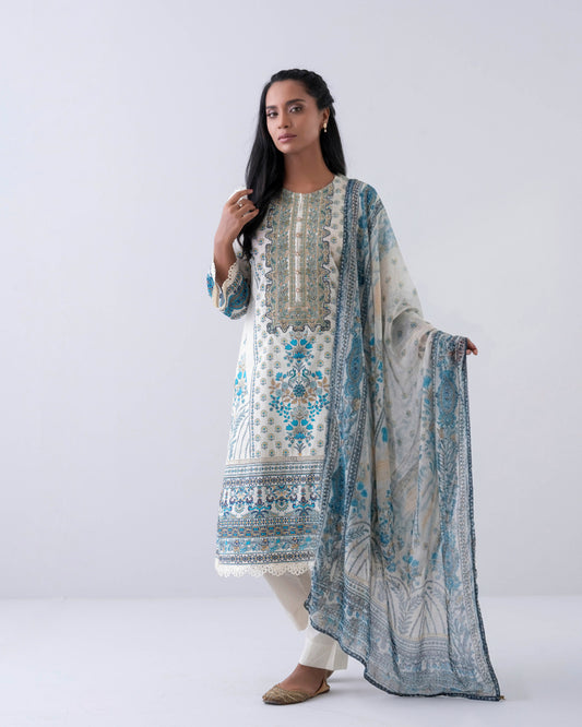 Smart Fit Embroidered Three-Piece Lawn with Chiffon Dupatta