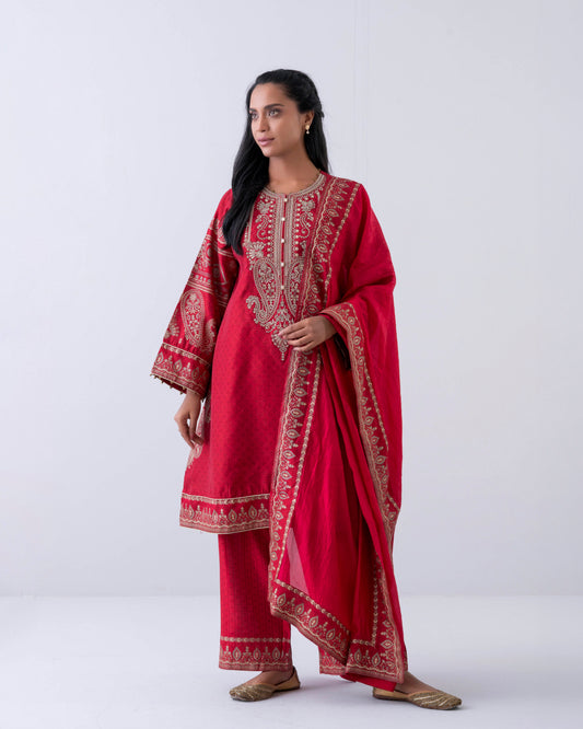 Relaxed Fit Embroidered Three-Piece Formal Ethnic Set